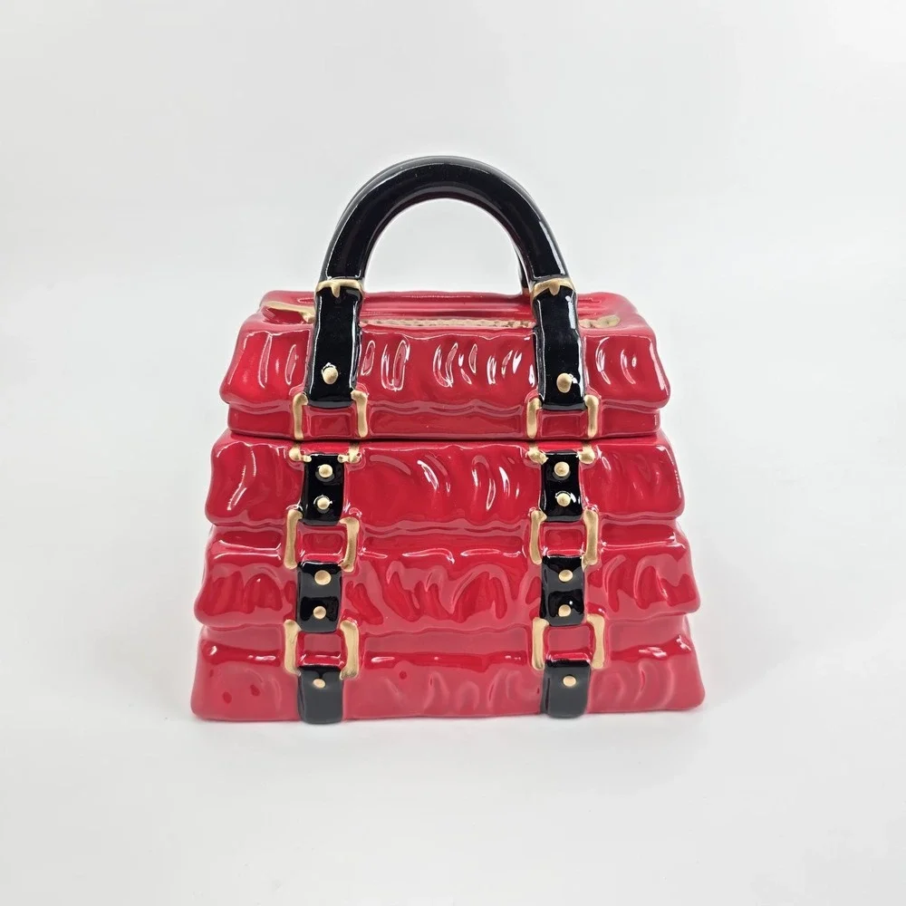 DAVID'S COOKIES JAR RED PLEATED HANDBAG BLACK HANDLE GOLD ACCENTS Ceramic New